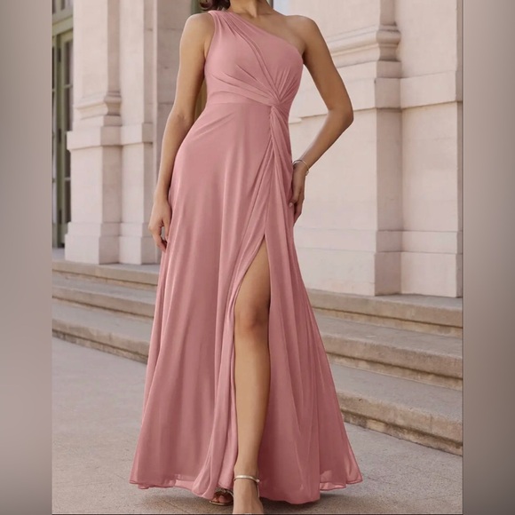 Azazie Dresses & Skirts - Azazie Strapless Dusty Rose One Shoulder Chiffon Gown